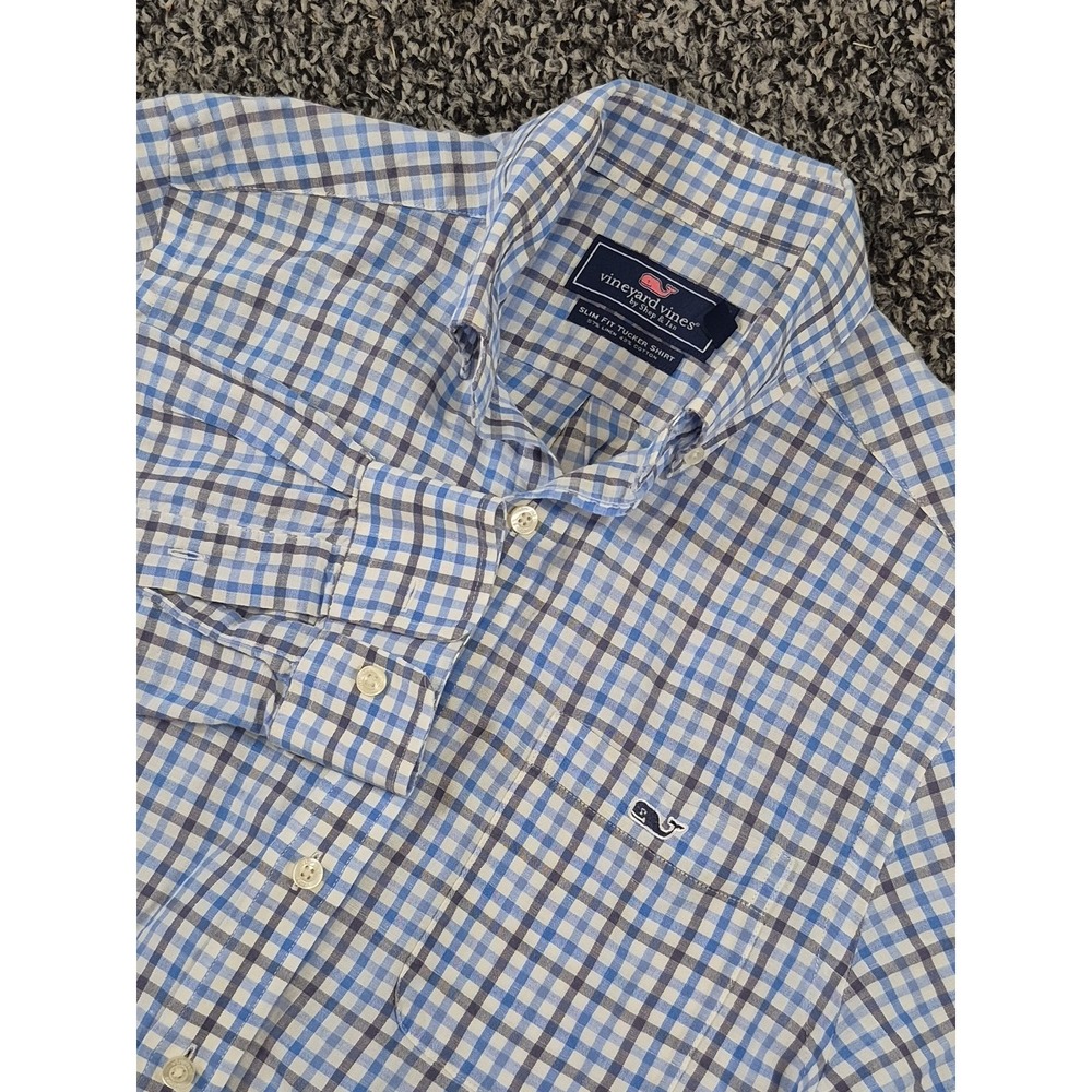 Vineyard Vines Slim Fit Tucker Shirt Plaid Blue Linen Cotton Long Sleeve Small